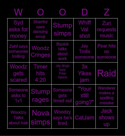 xWoodzy Stream Bingo Card