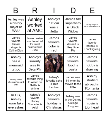 Ashley's Bridal Bingo Card