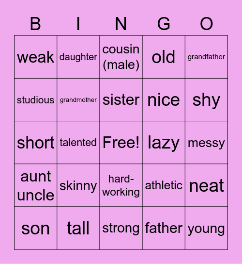 Los adjectivos y la familia Bingo Card