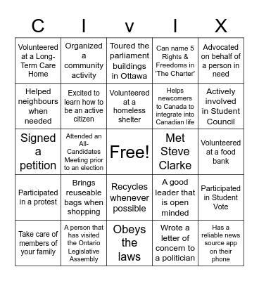 GRADE 10: CIVICS & CITIZENSHIP Bingo Card