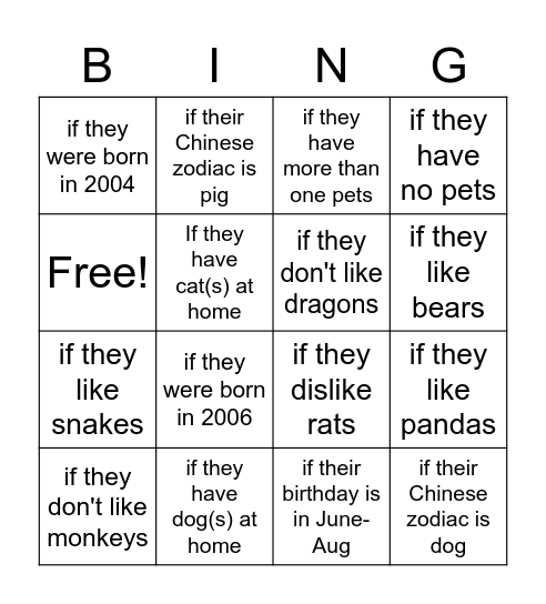 Animals and Time/Calendar Bingo Card