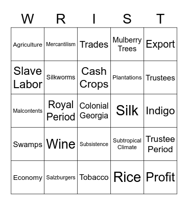 Colonial Georgia - W.R.I.S.T. Crops Bingo Card