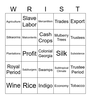 Colonial Georgia - W.R.I.S.T. Crops Bingo Card