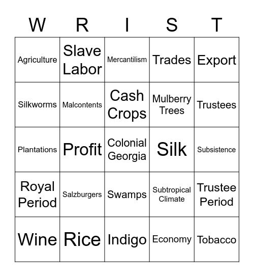 Colonial Georgia - W.R.I.S.T. Crops Bingo Card