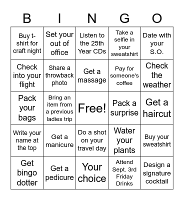 FOREVER 39 PRE-TRIP BINGO Card