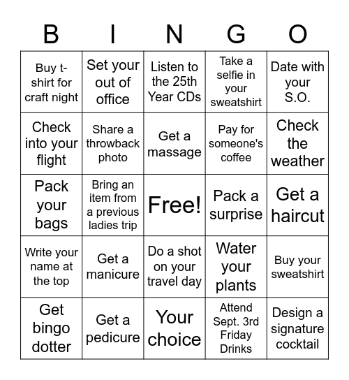 FOREVER 39 PRE-TRIP BINGO Card