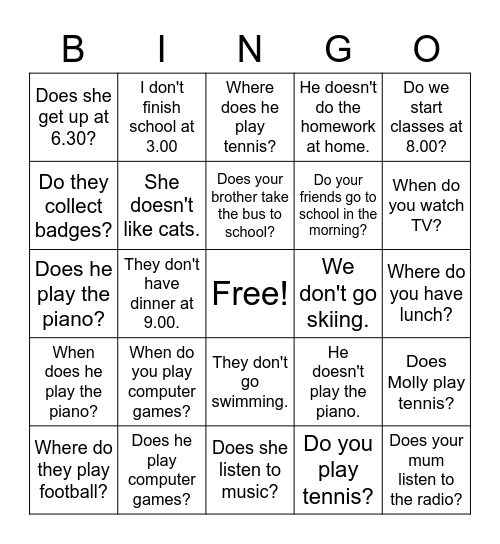 Present simple negative and questions Bingo Card