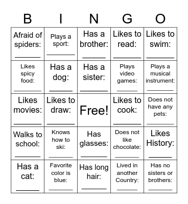 Get To Know Your Classmates Bingo Card