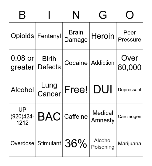 Alcohol and Drug Safety Bingo Card