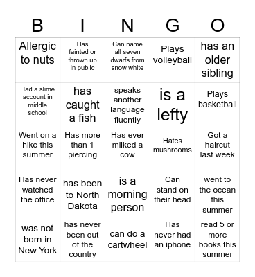 Getting To Know You Bingo Card