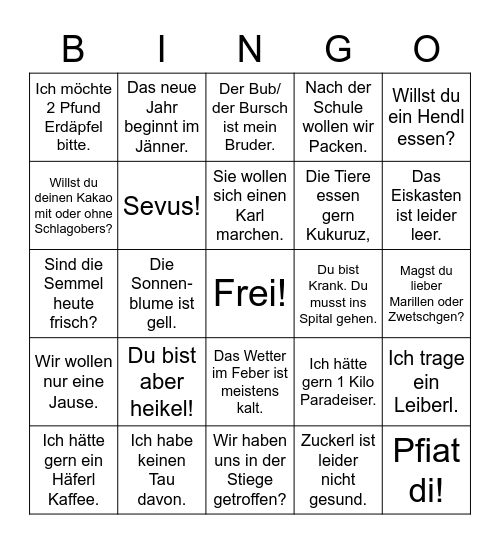 Hochdeutsch zu Österreichisch Bingo Card