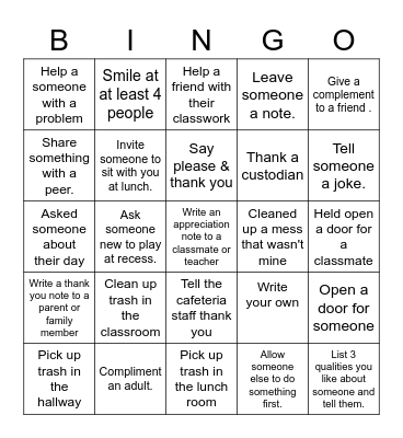 Random Acts of Kindness Bingo Card