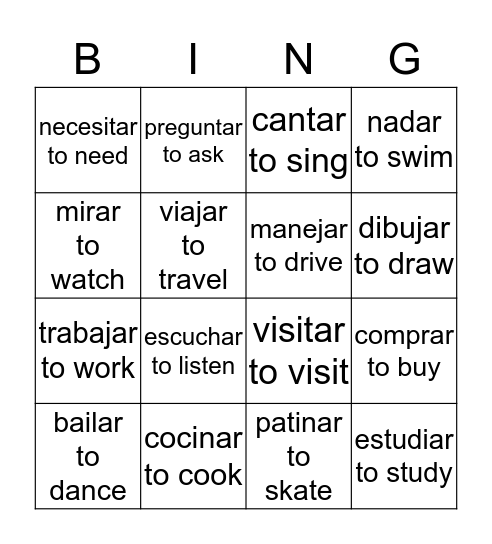 Verbos AR Bingo Card