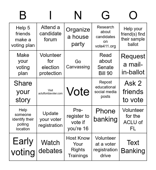 What actions can you take to make an impact this election season? Bingo Card