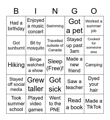 What I Did This Summer? Bingo Card