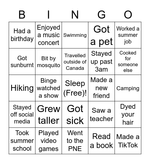 What I Did This Summer? Bingo Card
