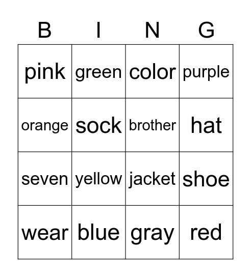 Colors and Things Bingo Card