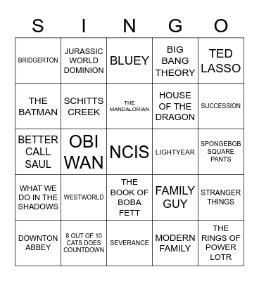 770 MODERN TV & MOVIE THEMES Bingo Card