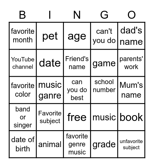 get to  know Bingo Card