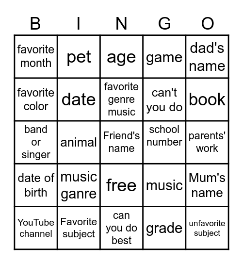 get to  know Bingo Card