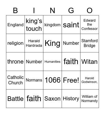The Normans Lesson 1 Bingo Card