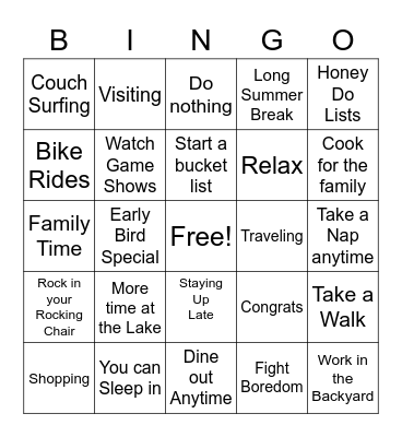 Deb's Retirement Bingo Card