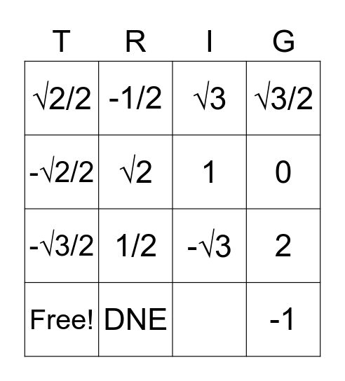 Unit Circle Bingo! Bingo Card