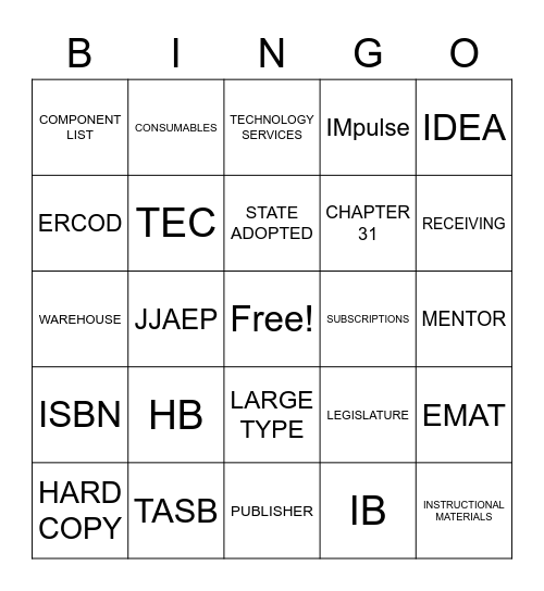 Instructional Materials Bingo Card
