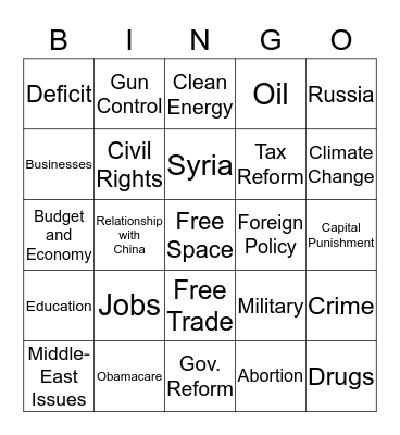 Democratic Debate Bingo Card