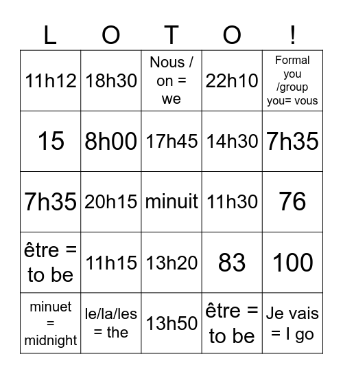 7 L'heure / Time Bingo Card