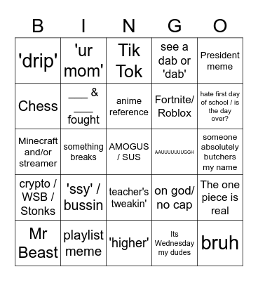 1st day of school bingo Card