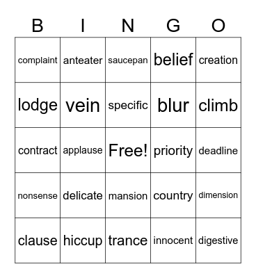 4th Grade Vocabulary Bingo Card