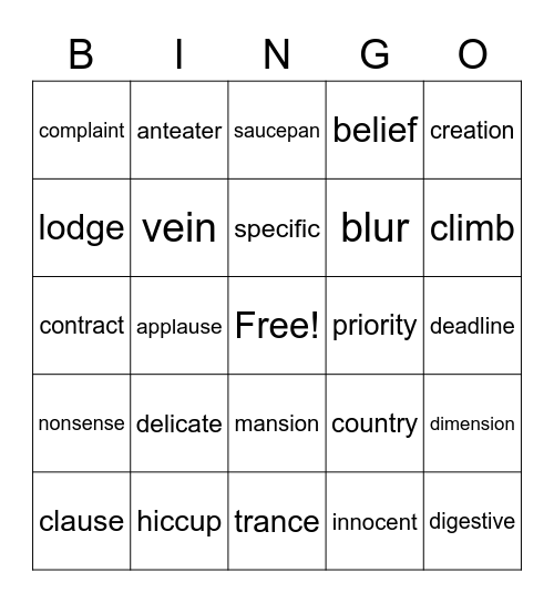 4th Grade Vocabulary Bingo Card