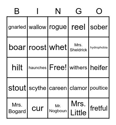 Old Yeller Vocabulary Bingo Card