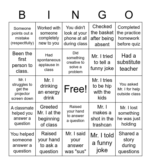 Mr. Ilsley's Bingo Extravaganza Bingo Card