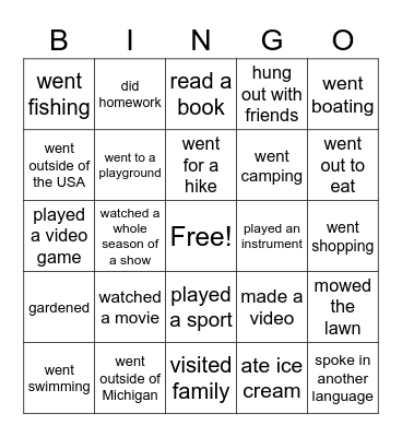 Over the summer I... Bingo Card