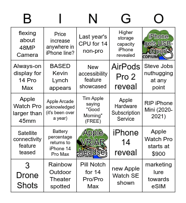 Apple "Far Out" Event (2022-09-07) Bingo Card