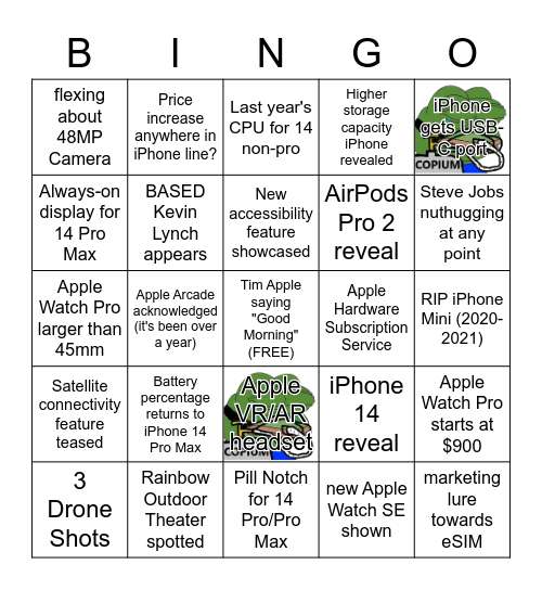 Apple "Far Out" Event (2022-09-07) Bingo Card