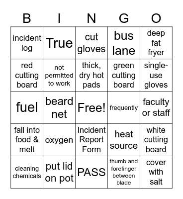 Food Safety Bingo Card