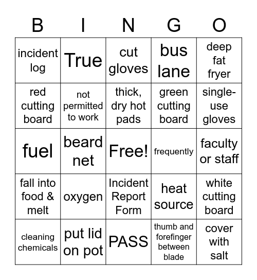 Food Safety Bingo Card