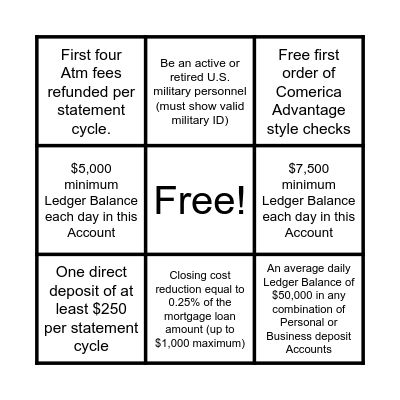 Comerica Personal Accounts Bingo Card