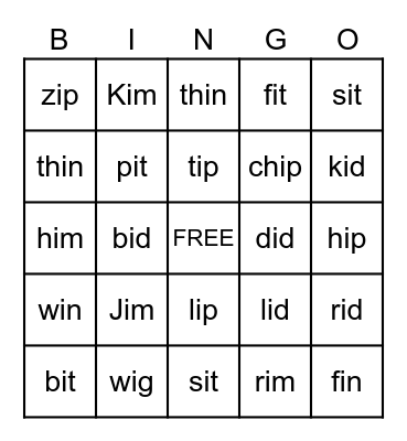 Short "i" Words Bingo Card