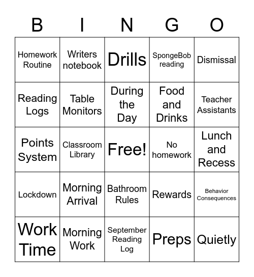 Back to School! Expectations and Routines Bingo Card