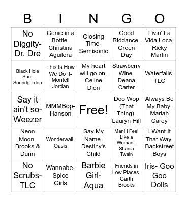 90's Music Bingo Card