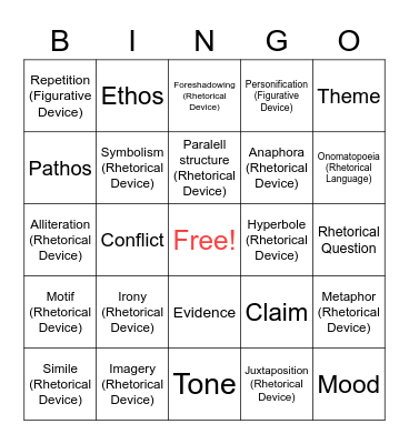 Junior English BINGO Card