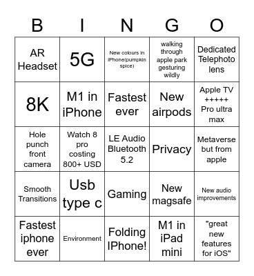 Apple Event 07-09-2022 Bingo Card