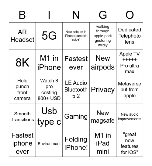 Apple Event 07-09-2022 Bingo Card