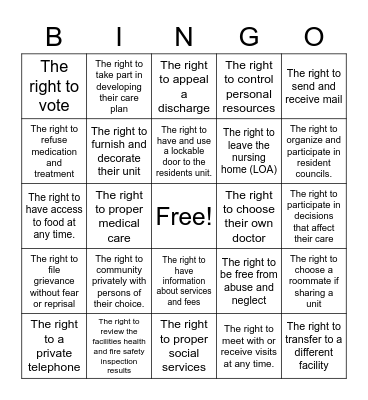 Resident Rights Bingo Card