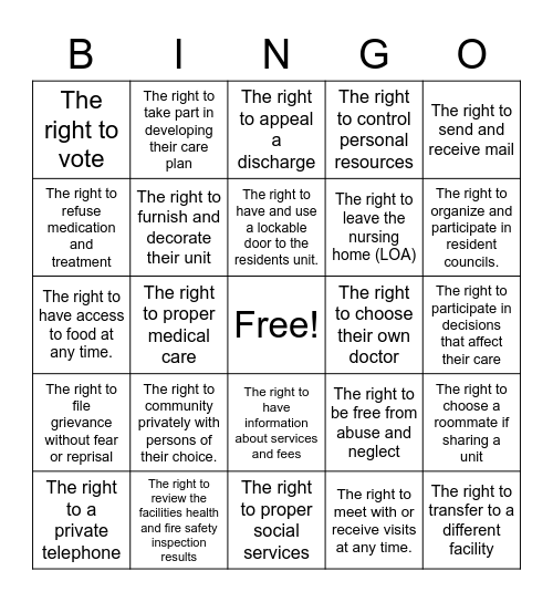 Resident Rights Bingo Card