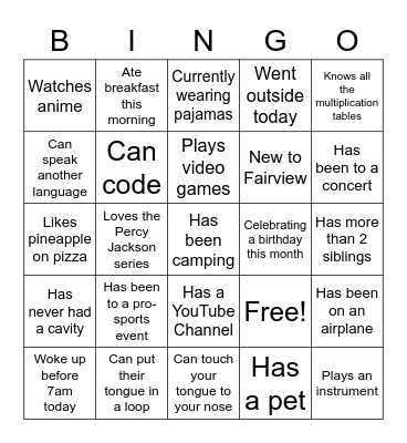 Get to Know the Class Bingo Card